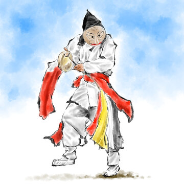 한국의 민족 축제 공연. 밝은 색의 수트를 입은 음악가와 무용수들이 전통 한국 민속 놀이인 풍물놀이 또는 사물놀이 공연을 하고 있습니다.