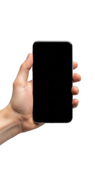 Hand holding smartphone isolated on transparent background