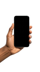Hand holding smartphone isolated on transparent background