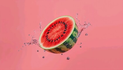 Surreal still life of a floating sliced watermelon with water splashes. Vibrant pop art concept on pastel pink background.