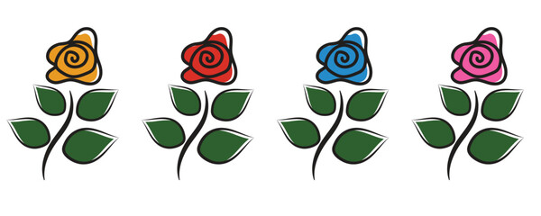 Rose icon vector set, stylized rose icons colorful vector set in trendy flat style illustration isolated on white background.