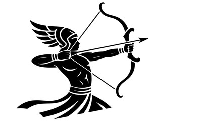 Mythological Winged Archer Silhouette Illustration, Ancient Greek God Eros or Cupid Vector with Bow and Arrow, Celestial Warrior Graphic for Tattoo and Logo Design