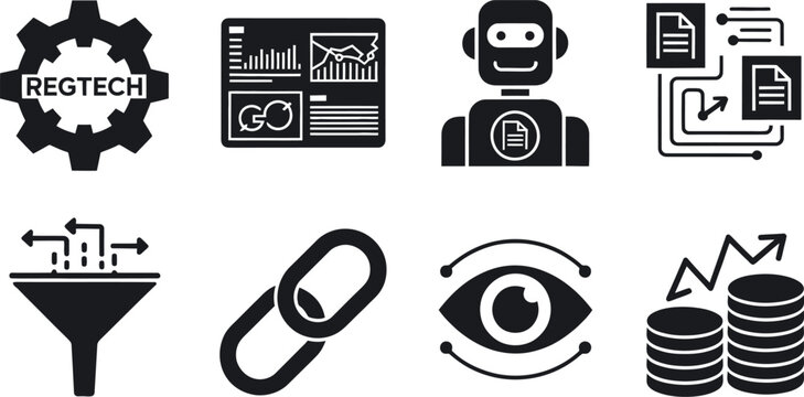 A collection of black and white icons representing regtech and finance