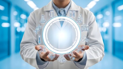 Doctor presenting a futuristic digital health interface in a modern medical setting