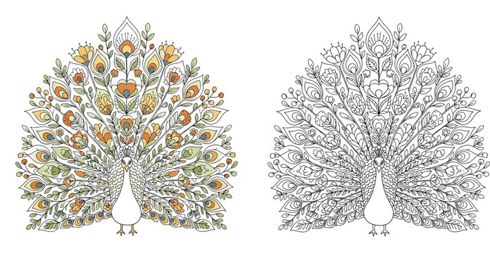 Decorative peacock illustration set with colored and outline versions. Hand drawn floral bird vector for coloring book page, zentangle style, and ornamental print.