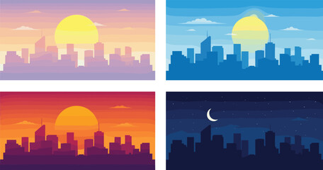 City skyline landscape vector set with sunrise sunset daytime and night urban backgrounds illustration isolated © MstMukta