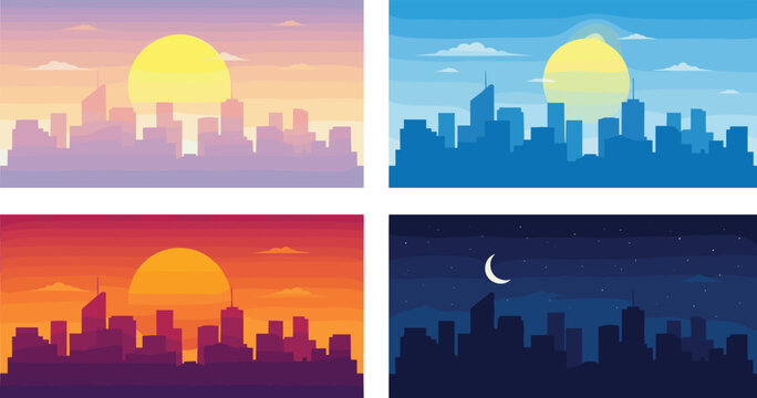City skyline landscape vector set with sunrise sunset daytime and night urban backgrounds illustration isolated
