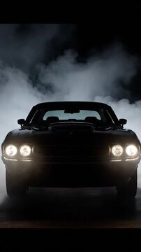 Front view of a black vintage muscle car with its headlights on, surrounded by smoke