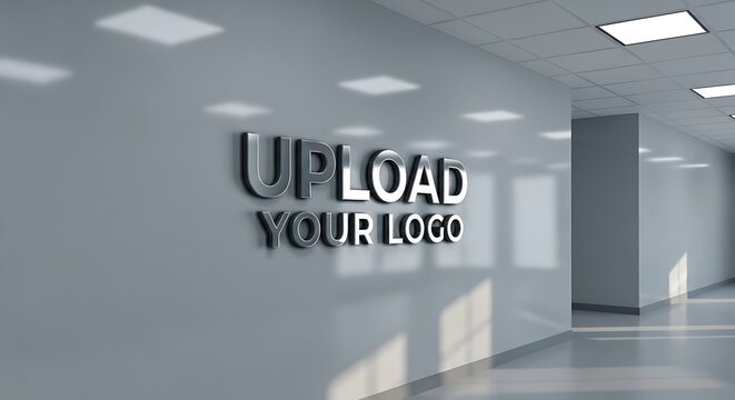 Empty modern office corridor with logo placeholder on wall.