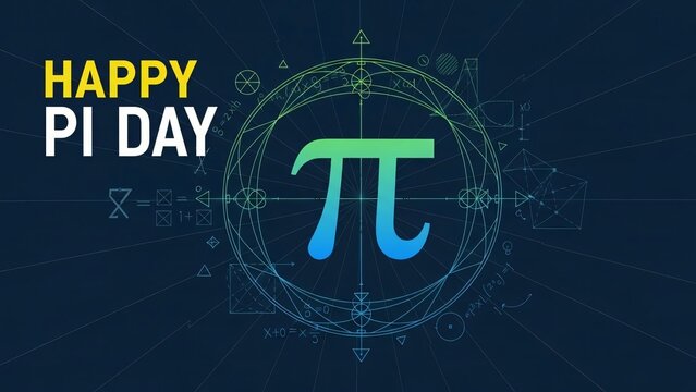 Happy pi day celebration with mathematical symbols and gradient pi logo on dark blue background with geometric patterns with mathematics and science