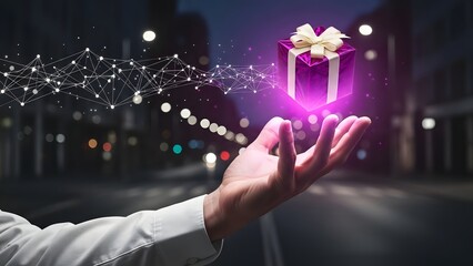 Hand holding glowing gift box with sparkling magic lights in urban setting