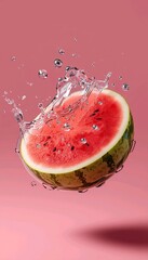 Vertical surreal still life of a floating sliced watermelon with fresh water splashes on a pastel pink background. Pop art summer refreshment concept.