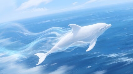 Fototapeta premium A white dolphin glides gracefully through the blue ocean, leaving a soft trail of mist that gives it an ethereal and peaceful appearance.