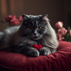 Romantic Gray Tabby Cat with Heart Toy for Valentine&rsquo;s Day in Cozy Indoor Setting