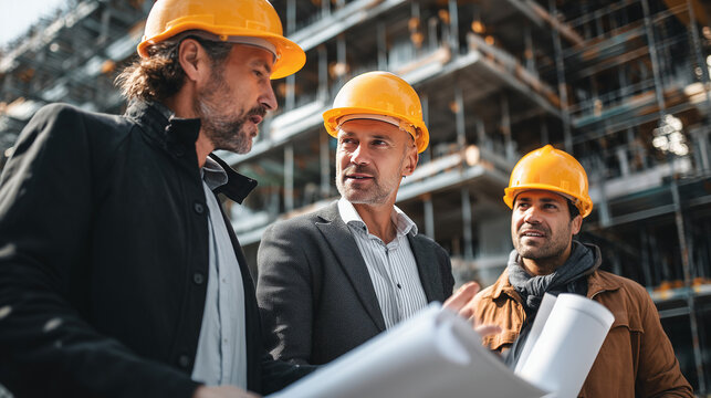 a group of professional architects and engineers wearing yellow hard hats reviewing blueprints at a busy construction site, teamwork and communication in urban development and engineering.