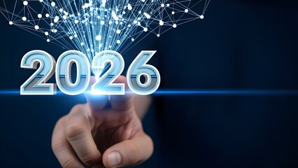 Hand pressing futuristic 2026 with digital network connections above.