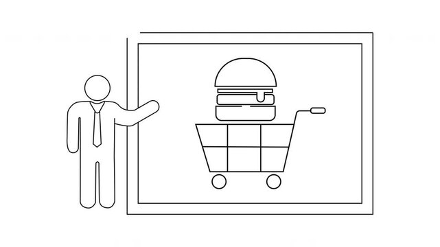Burger Shopping Cart Presentation - Line Art Icon Animation.