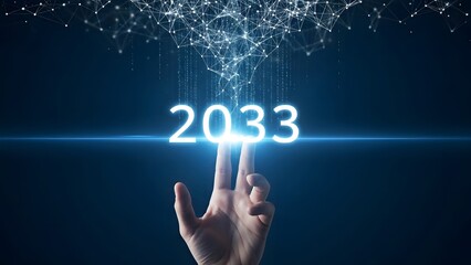 Hand touching futuristic glowing numbers 2033 against a dark cosmic background