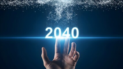 Hand reaching towards the glowing futuristic 2040 text under a starry sky