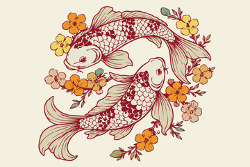 Obraz premium A symbolic vector icon of two koi fish surrounded by flowers and leaves represents harmony, balance, prosperity, and peace, blending natural beauty with elegant meaning in a refined visual design.