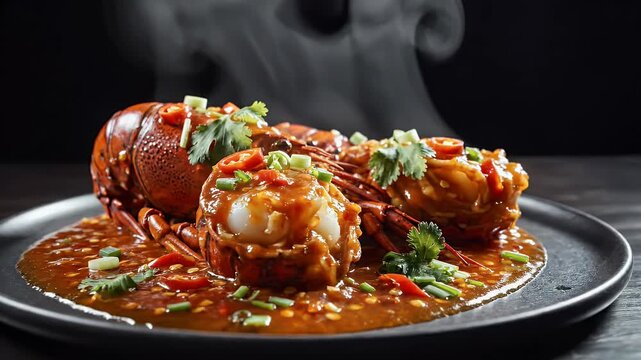 Steaming hot chili lobster dish with vibrant orange sauce, garnished with fresh green onions and red peppers, served on a dark plate.