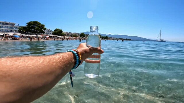 A refreshing first-person perspective shot captures a hand adorned with colorful bracelets, holding a clear glass bottle filled with pure water, partially submerged in the crystal-clear, shimmering tu