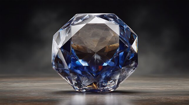 Exquisite deep blue faceted gemstone sitting centrally on a dark textured surface displaying brilliant light refraction and luxurious clarity for luxury product concepts.