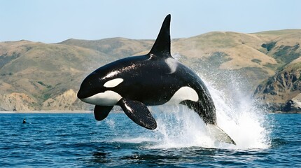 Obraz premium Orca Whale Breaching in Ocean with Coastal Hills Background
