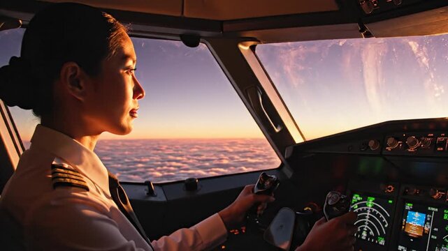 Experienced female captain confidently navigating her modern aircraft's flight deck, guiding passengers through a beautiful golden hour journey above the clouds