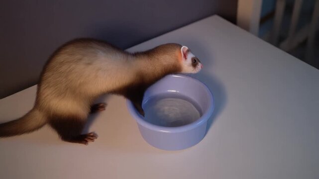 A ferret drinking from a bowl on a white tabletop indoors with dramatic lighting