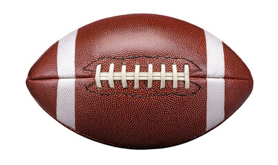Brown football with white stripes and lacing on a black background
