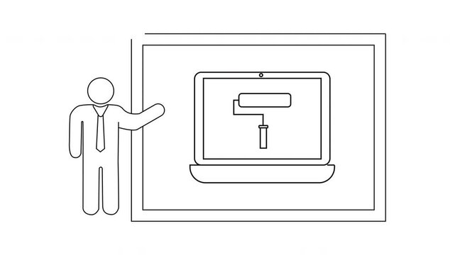 Continuous Line Drawing of Man Presenting Laptop with Paint Roller.