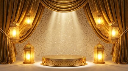 Golden stage with lanterns and curtains.