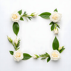 Elegant White Rose and Green Leaves Square Border