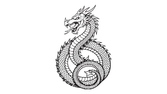 Intricate black and white dragon illustration