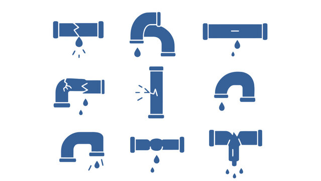 A collection of blue pipe icons with water leaks on a white background