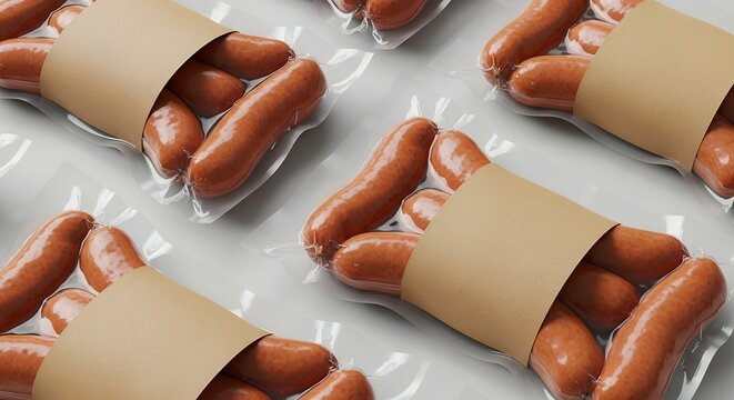 Packaged sausages in vacuum sealed plastic with brown paper wraps