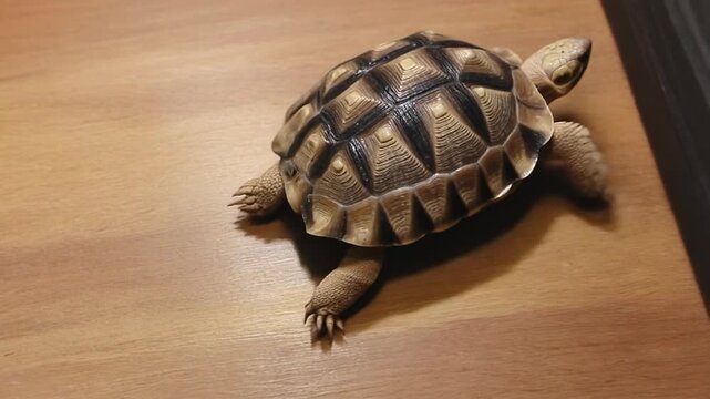 A tortoise peeking out from behind a cardboard box on a wooden floor indoors.