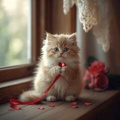 Cute Kitten with Heart Ribbon for Valentine&rsquo;s Day in Cozy Rustic Window Light