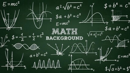 Math background with complex equations and graphs on blackboard for education and science concepts with mathematics and learning and school and university