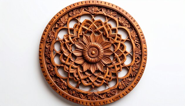 Circular carved wooden mandala with interwoven arcs and floral motifs on white background, showcasing traditional craftsmanship.