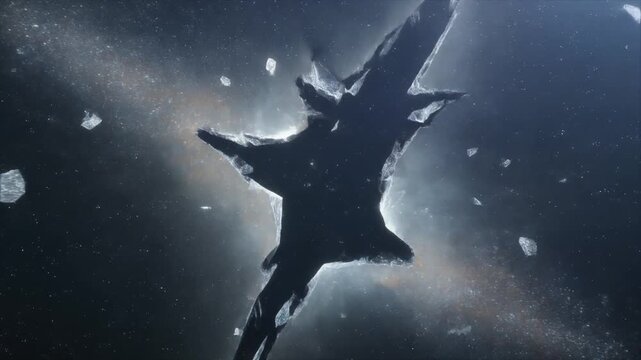 Futuristic Spacecraft Flying Through Asteroid Field.