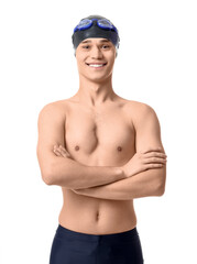 Young male swimmer on white background