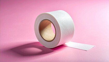 White roll of textured athletic or medical tape on pink background with visible cardboard core and shadow.