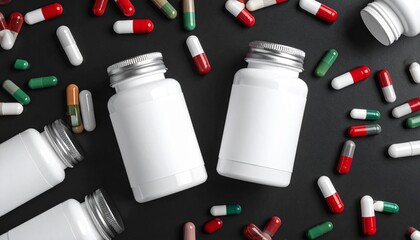 White plastic pill bottles with metallic caps and blank labels, surrounded by scattered red, white, and green capsules on black surface.