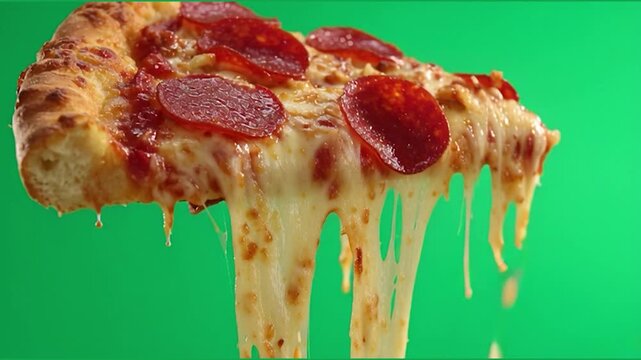 A slice of pepperoni pizza being lifted with melted cheese stretching, isolated on plain Green screen chroma key
