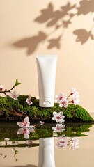 White Cream Tube with Sakura on Mossy Wood