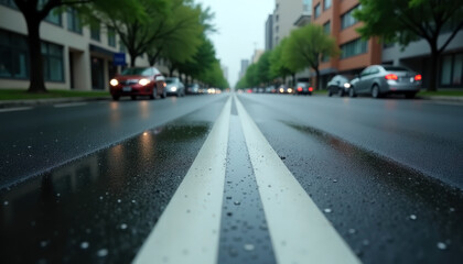 Rainy urban street with traffic and greenery on a cloudy day