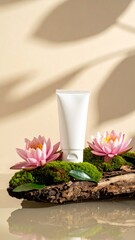 White Cream Tube with Lotus on Mossy Wood
