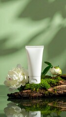 White Cream Tube with Peony on Mossy Wood